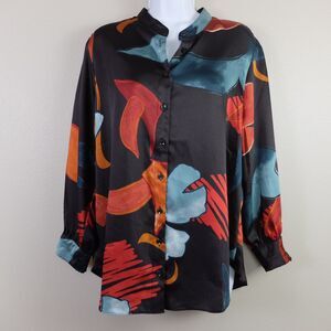 Chico's Black Abstract Floral Print Button Front Long Sleeve Blouse Size 10